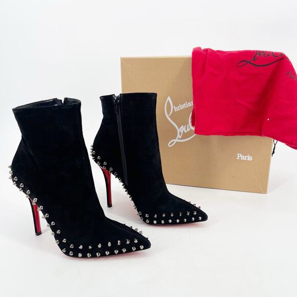 Christian Louboutin Black Spiked Willetta 100 Veau Velours Ankle Boots EU 38 - Picture 1 of 14
